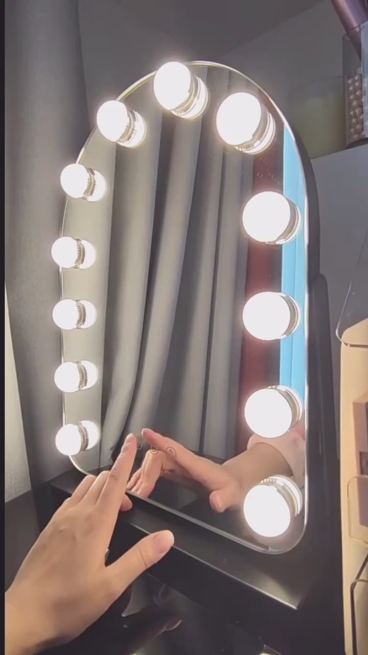 Large Arched Vanity Mirror with 17 LED Bulbs, 360 Rotation, 3 Light Mode Touch, Dimmable Brightness, Plug in to use, Black Stand
