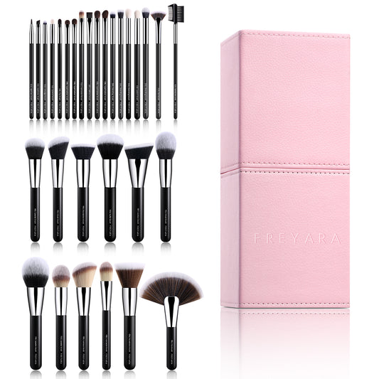Professional Makeup Brushes Set 30pcs Complete Collection Black with Brushes Holder Pink