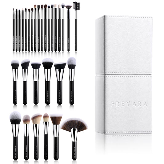 Professional Makeup Brushes Set 30pcs Complete Collection Black with Brushes Holder White