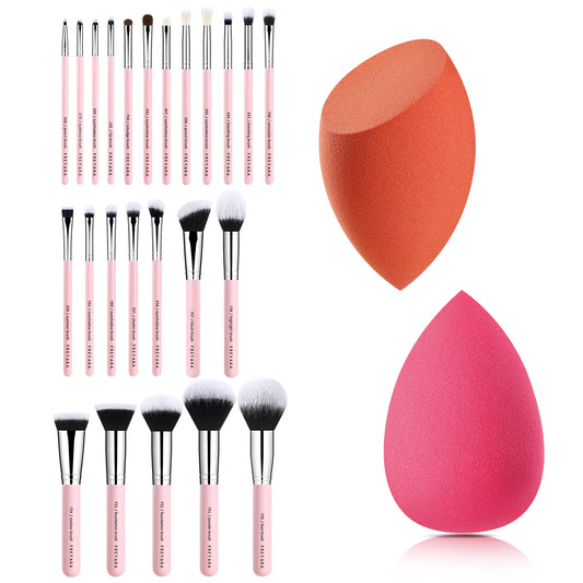 Professional Makeup Brushes Set 25pcs Glitter Pink with 2pcs Makeup Sponge Blender