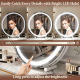 Round LED Vanity Mirror 50cm/20" Large for Bedroom Table, Smart Touch, 3 Light Mode, Adjustable Brightness, 360° Rotation, UK Plug