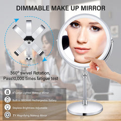 LED Makeup Mirror 1x/7x Magnification with Lights, 8" Double Sided Vanity Mirror 360° Rotating, 3 Light Mode, Smart Touch, USB Rechargeable