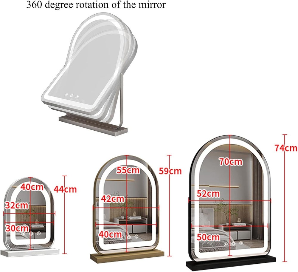 Mirror Mode Large Arched Vanity Mirror with LED Strip, 360 Rotation, 3 Light Mode ...