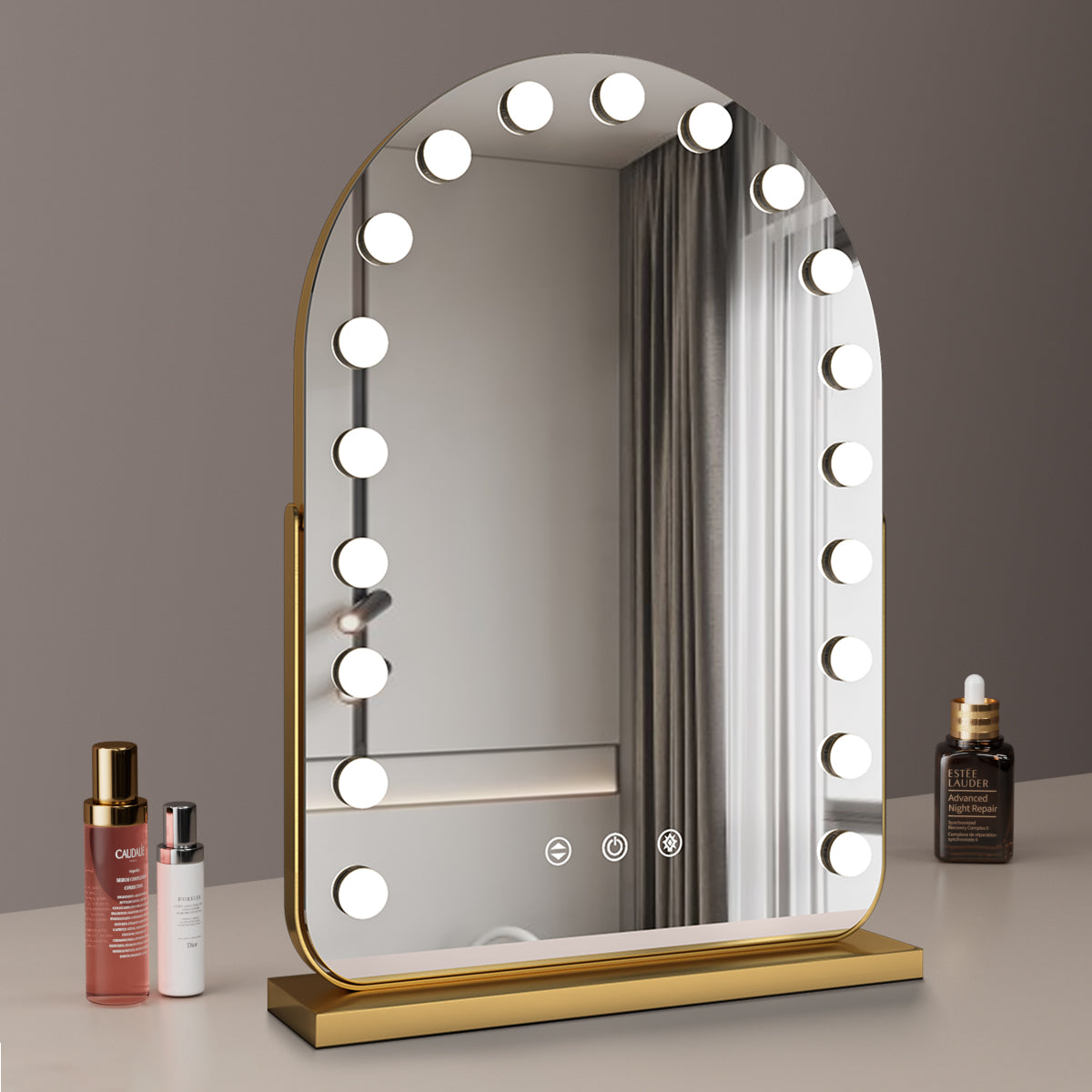 Large Arched Vanity Mirror with 17 LED Bulbs, 360 Rotation, 3 Light Mode Touch, Dimmable Brightness, Plug in to use, Black Stand