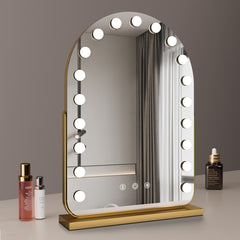 Large Arched Vanity Mirror with 17 LED Bulbs, 360 Rotation, 3 Light Mode Touch, Dimmable Brightness, Plug in to use, Black Stand