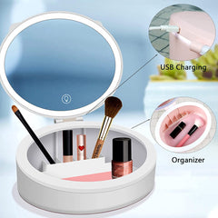 Portable LED Makeup Mirror 1X/10X with Organizer, 3 Light Mode