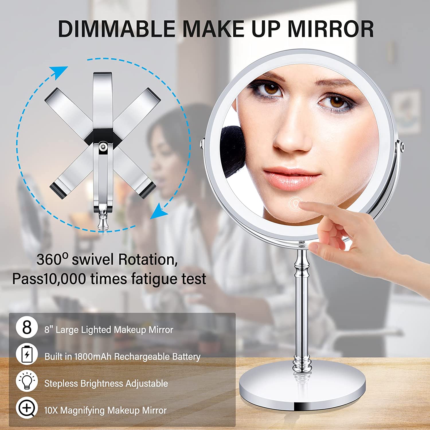 Mirror Mode LED Makeup Mirror 1x/10x Magnification with Lights, 8