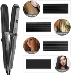 Hair Crimper and Straightener Iron, 160°C-220°C 30s Fast Heating, 4 Interchangeable Ceramic Plates, UK Plug
